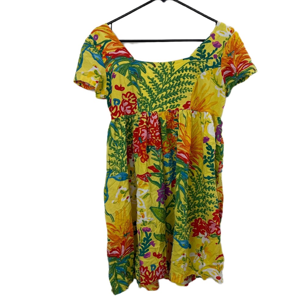 Jams World Dress Womens Small Yellow Floral Print Short Sleeve Square Neck